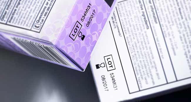 Showing printed TIJ Inks on the bottom back of a medicine box packaging | Markem-Imaje