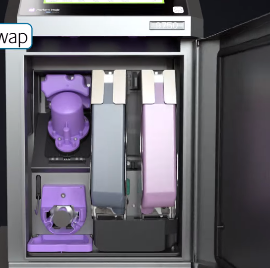 Inside of the Markem 9750 Continuous Inkjet Printer with the highlighted replaceable parts