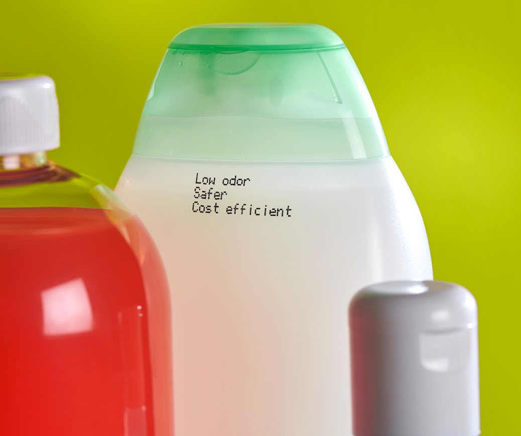 CIJ printed label on the side of shampoo plastic surface