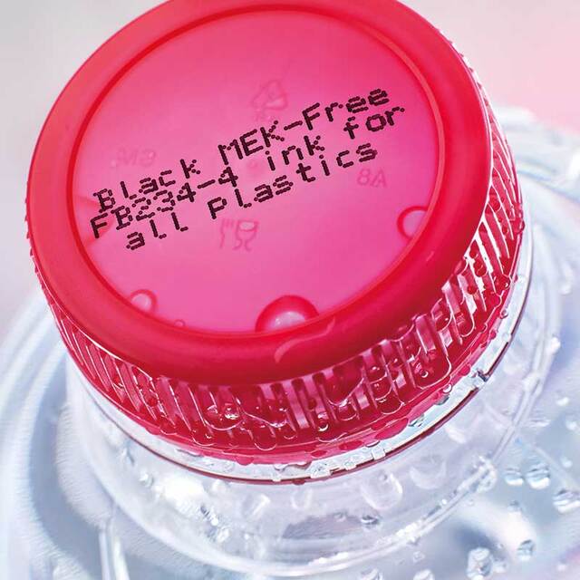 CIJ printed label on the plastic cap of a mineral water bottle
