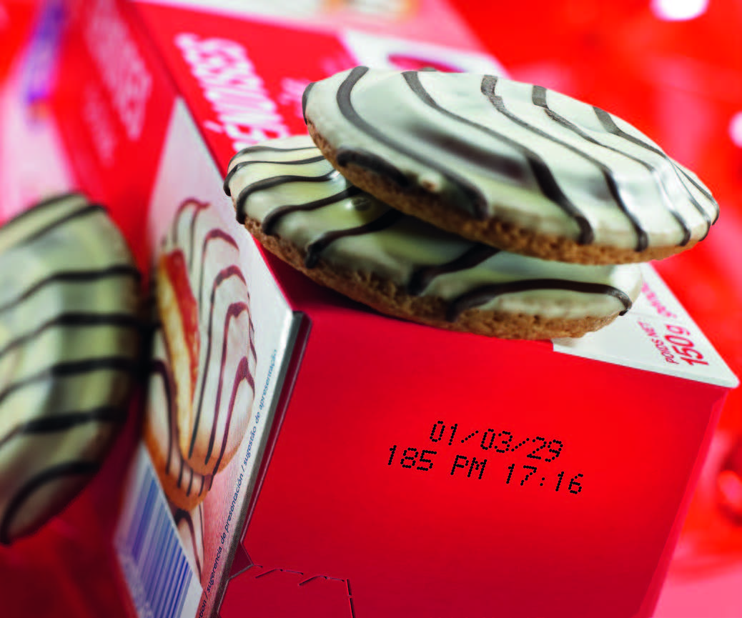 CIJ printed label on a cookie cardboard packaging
