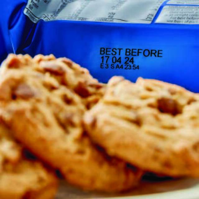 Printed expiry date labels on biscuit plastic packaging
