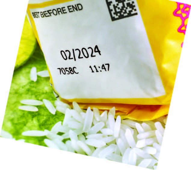 An image showing rice plastic packaging box with printed expiry date labels