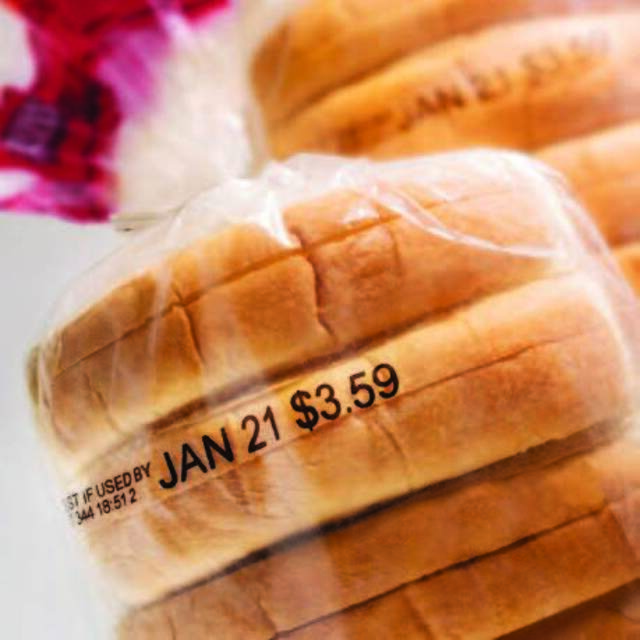 Image of a thermal inkjet printed label on a bread roll plastic packaging